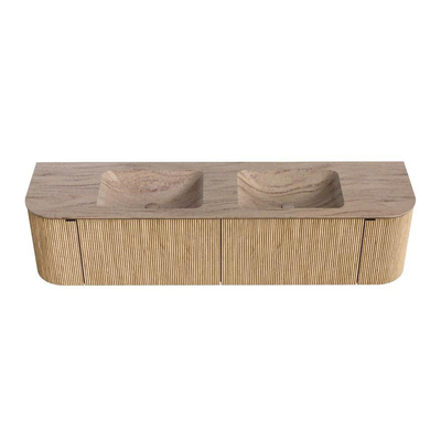 MONDIAZ KURVE-DLUX 180cm badmeubel ronding Links + Rechts kleur Oak met 2 lades en 2 deuren. Wastafel LEAF Dubbel 2 kraangaten Saba.