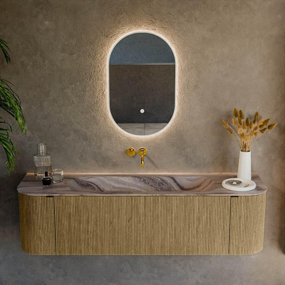 MONDIAZ KURVE-DLUX 160cm badmeubel ronding Links + Rechts kleur Dusk met 1 lade en 2 deuren. Wastafel BIG MEDIUM Midden zonder kraangat Sombra.