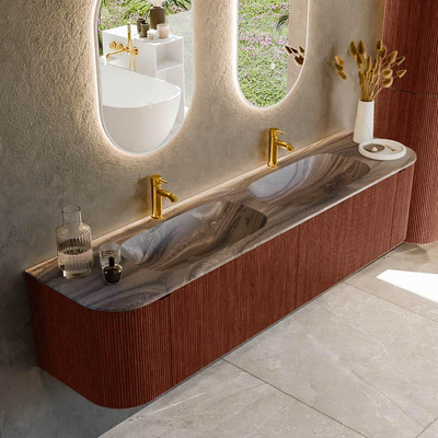MONDIAZ KURVE-DLUX 190cm meuble de salle de bains arrondi Gauche + Droite couleur Ruby avec 2 tiroirs et 2 portes. Lavabo STOR SMALL Double 2 trous de robinet Sombra.