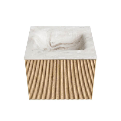 MONDIAZ KURVE-DLUX Meuble de salle de bains 50 cm couleur Oak avec 1 tiroir. Lavabo GRUNNE central 1 trou de robinet couleur Frappe.