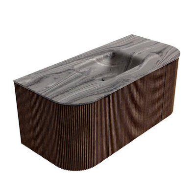 MONDIAZ KURVE-DLUX 100cm badmeubel ronding Links + Rechts kleur Walnut met 1 lade en 2 deuren. Wastafel GRUNNE Midden zonder kraangat Sombra.