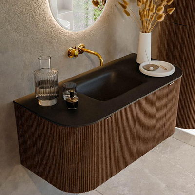 MONDIAZ KURVE 100cm badmeubel met module 25 Len R kleur Walnut met 1 lade en 2 deuren. Wastafel GRUNNE midden zonder kraangat Urban.