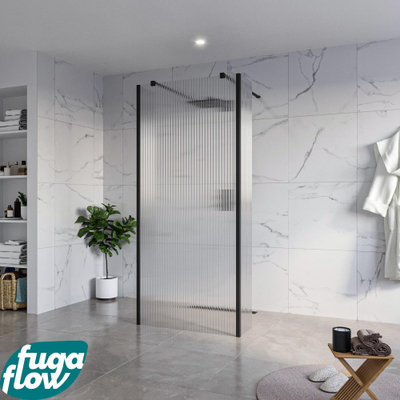 FugaFlow Eccelente Vetro Vrijstaande inloopdouche badkamer - 90x200cm - Helder geribbeld - antikalk - 8mm veiligheidsglas - 2 zijwanden 40cm - met wandarmen en hoekprofielen - Zwart mat -