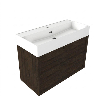 Saniclass Holz Frame Ensemble meuble de salle de bains - 100x45x72cm - Legend lavabo en céramique blanc mat - 1 vasque - 1 trou de robinetterie - 2 tiroirs - chêne charcoal mat (bois)