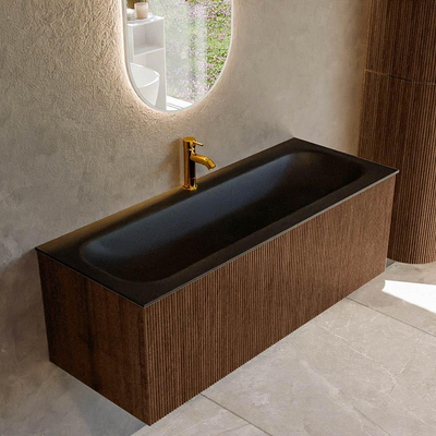 MONDIAZ KURVE 120cm badmeubel kleur Walnut met 1 lade. Wastafel BIG LARGE midden 1 kraangat Urban.