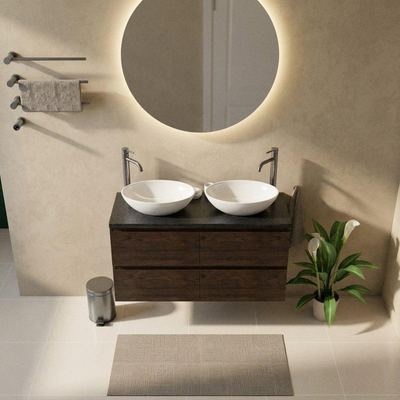 Saniclass Holz Pure Ensemble meuble de salle de bains - 120x45x63cm - Plan vasque en basalte Noche poli (noir) - 2 trous de robinet - 4 tiroirs - chêne charcoal mat (bois)