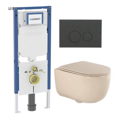 QeramiQ Dely Swirl Pack WC - 36.3x51.7cm - réservoir encastré Geberit UP720 Duofix Sigma - abattant mince - plaque de déclenchement mat anthracite - boutons ronds - beige