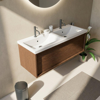 Saniclass Holz Frame Ensemble de meubles de salle de bains - 120x45x43.5cm - Lavabo en céramique Bari blanc - 2 vasques - 2 trous de robinetterie - 1 tiroir - mat walnut pure (bois)