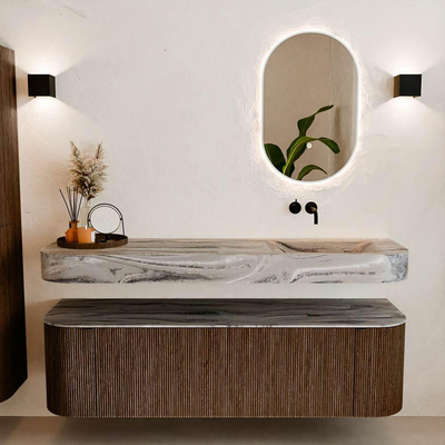 MONDIAZ THOR-DLUX 160cm meuble de salle de bains arrondi gauche + droite couleur Walnut avec 1 tiroir et 2 portes. Vasque suspendue CLOUD droite sans trou de robinet couleur Sombra.