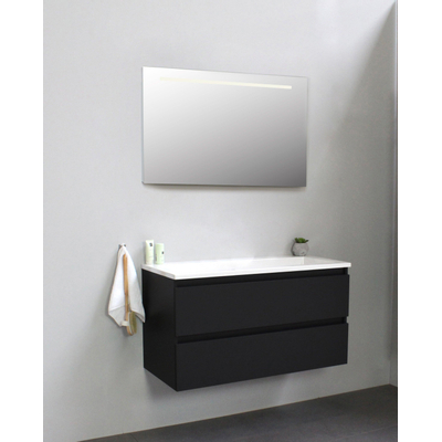 Basic Bella Meuble salle de bains avec lavabo acrylique Blanc 100x55x46cm sans trous de robinet avec miroir et éclairage Noir mat