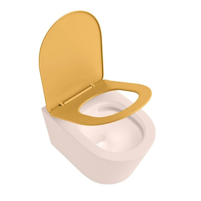 Mondiaz LAVIE hangtoilet – spoelrandloos – 36 x 53 cm – met softclose zitting – Rosee (roze), zitting Ocher (geel)