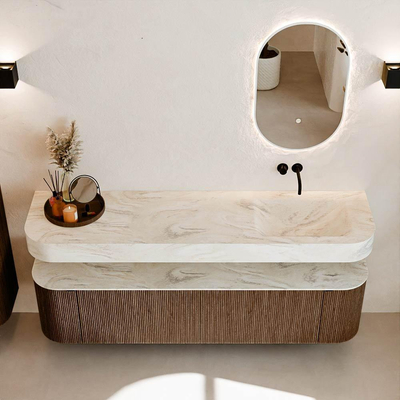 MONDIAZ THOR-DLUX 180cm meuble de salle de bains arrondi gauche + droite couleur Walnut avec 2 tiroirs et 2 portes. Vasque suspendue CLOUD Droite sans trou de robinet couleur Ostra.