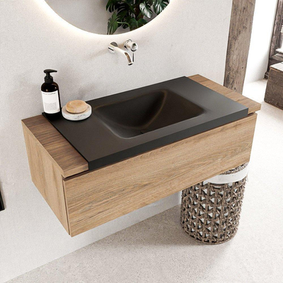 Mondiaz BUKLA Ensemble de meuble - 100x45x34cm - 0 trous de robinet - lavabo centré - solid surface - Urban - sans poignée - 1 tiroir - Mélamine - Chêne blanchi