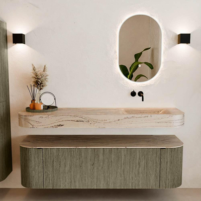 MONDIAZ THOR-DLUX 160cm meuble de salle de bains arrondi gauche + droite couleur Shadow avec 1 tiroir et 2 portes. Vasque suspendue CLOUD droite sans trou de robinet couleur Arena.