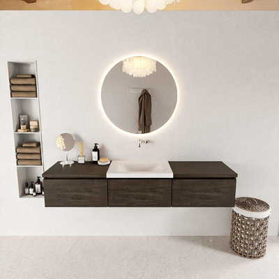 MONDIAZ BUKLA 180cm badmeubel met module 60 kleur Dark Brown met 3 lades. Wastafel CLOUD midden 0 kraangaten kleur Talc.