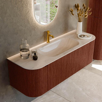 MONDIAZ KURVE-DLUX 140cm badmeubel ronding Links + Rechts kleur Ruby met 1 lade en 2 deuren. Wastafel BIG SMALL Midden 1 kraangat Meli.