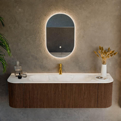 MONDIAZ KURVE-DLUX 160cm badmeubel met module 25 Len R kleur Walnut met 1 lade en 2 deuren. Wastafel BIG MEDIUM midden 1 kraangat kleur Ostra.