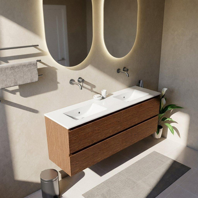 Saniclass Holz Pure Ensemble de meubles de salle de bains - 160x45x62cm - lavabo Vygo en céramique blanc - 2 vasques - sans trous de robinetterie - 4 tiroirs - walnut pure mat (bois)