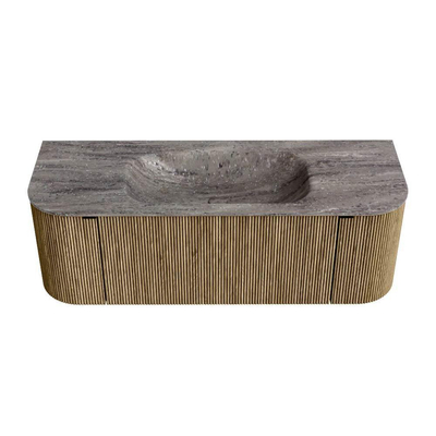 MONDIAZ KURVE-DLUX Meuble de salle de bains 130cm arrondi Gauche + Droite couleur Dusk avec 1 tiroir et 2 portes. Lavabo BIG SMALL Centre sans trou de robinet Oza.