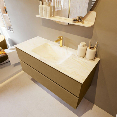 Mondiaz VICA-DLUX ensemble de meuble de salle de bain - 110cm - meuble sous-vasque oro - 2 tiroirs - lavabo encastré cloud milieu - 1 trou de robinet - version haute de 60cm - ostra