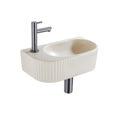 QeramiQ Fuente Ensemble de lavabo - 40x21.5x12cm - gauche - nervuré - demi-rond - 1 trou de robinet - céramique - robinet de lavabo gunmetal - bouchon de vidange - siphon abaissé - beige