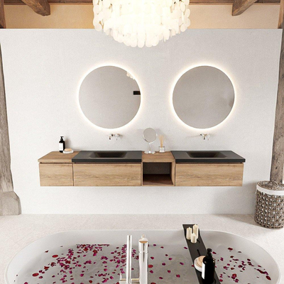 MONDIAZ BUKLA 240cm ensemble de meuble avec module ouvert 40 à droite couleur Chêne blanchi avec 3 tiroirs. Lavabo CLOUD double 0 trou de robinet couleur Urbain.