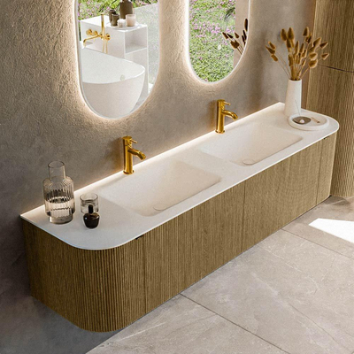 Mondiaz KURVE Badkamermeubelset - 180x46x40cm - 2 lade - 2 deuren - wastafel solid surface - dubbel - 2 kraangaten - Dusk