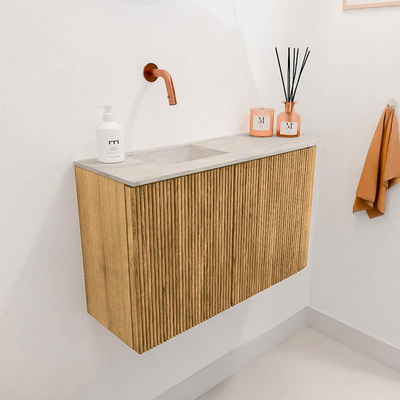 Mondiaz JOYA-DLUX 71.6cm toiletmeubel - ronding rechts kleur Oak - Wastafel FAYE positie Links Zonder kraangat kleur Ostra.