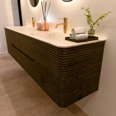 Mondiaz CIRO-DLUX Badkamermeubelset - 190x45x50cm - Solid surface wastafel Frappe - 2 wasbak Dubbel - 2 kraangaten - 4 lades - Shadow