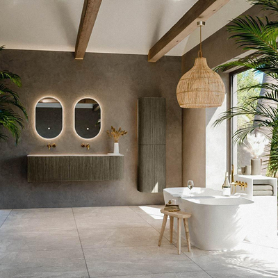 MONDIAZ KURVE-DLUX Meuble de salle de bains 155cm arrondi à droite couleur Shadow avec 2 tiroirs et 1 porte. Lavabo LEAF Double / Gauche sans trou de robinet Nata.