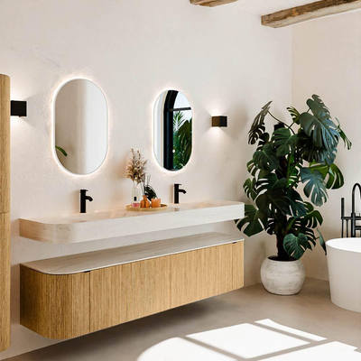 MONDIAZ THOR-DLUX 190cm meuble de salle de bains arrondi gauche + droite couleur Oak avec 2 tiroirs et 2 portes. Vasque suspendue CLOUD Double 2 trous de robinet couleur Meli.