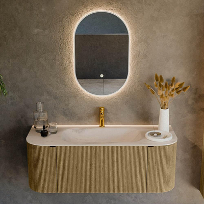 MONDIAZ KURVE-DLUX Meuble de salle de bains 120cm arrondi Gauche + Droite couleur Dusk avec 1 tiroir et 2 portes. Lavabo BIG SMALL Central 1 trou de robinet Meli.