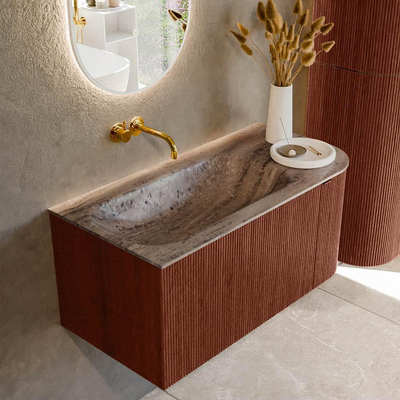 MONDIAZ KURVE-DLUX Meuble de salle de bains 95cm arrondi à droite couleur Ruby avec 1 tiroir et 1 porte. Lavabo BIG SMALL gauche sans trou de robinet Oza.