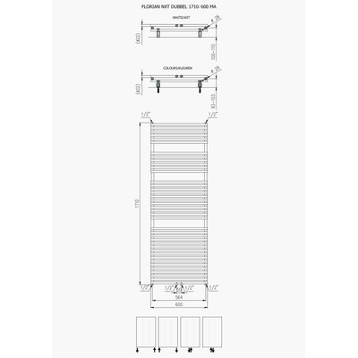 Plieger Florian Nxt M designradiator dubbel horizontaal met middenaansluiting 1710x600mm 1366W wit