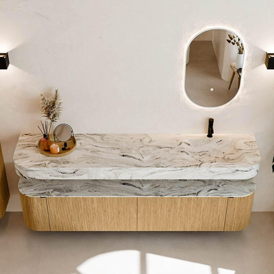 MONDIAZ THOR-DLUX 200cm meuble de salle de bains arrondi gauche + droite couleur Oak avec 2 tiroirs et 2 portes. Vasque suspendue CLOUD Droite 1 trou de robinet couleur Glace.