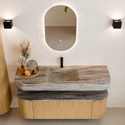MONDIAZ THOR-DLUX 140cm badmeubel ronding links + rechts kleur Oak met 1 lade en 2 deuren. Vrijhangende wastafel CLOUD Midden 1 kraangat kleur Oza.
