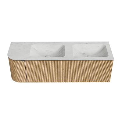 MONDIAZ KURVE-DLUX 145cm badmeubel met module 25 L kleur Oak met 1 lade en 1 deur. Wastafel LEAF dubbel / rechts 2 kraangaten kleur Opalo.