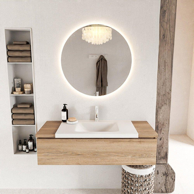 Mondiaz BUKLA Badkamermeubelset - 120x45x34cm - 1 kraangat - wasbak midden - solid surface - Talc - greeploos - 1 lade - Melamine - Washed Oak
