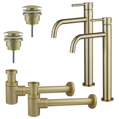 FugaFlow Eccelente Sobrado Slim Kit robinet lavabo - pour double vasque - robinet rehaussé - bonde clic clac - siphon design bas - Laiton brossé PVD