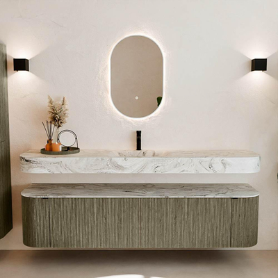 MONDIAZ THOR-DLUX 190cm meuble de salle de bains arrondi gauche + droite couleur Shadow avec 2 tiroirs et 2 portes. Vasque suspendue CLOUD Milieu 1 trou de robinet couleur Glace.