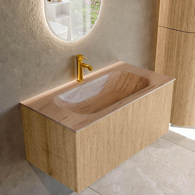MONDIAZ KURVE-DLUX Meuble de salle de bains 90 cm couleur Oak avec 1 tiroir et 0 porte. Lavabo BIG SMALL Central 1 trou de robinet Saba.