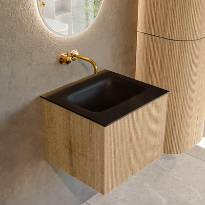 MONDIAZ KURVE 50cm badmeubel kleur Oak met 1 lade. Wastafel GRUNNE midden zonder kraangat Urban.