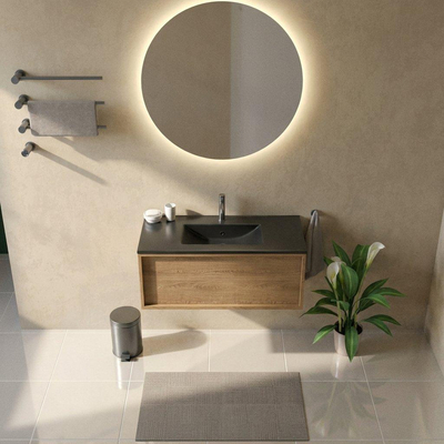 Saniclass Holz Frame Ensemble de meubles de salle de bains - 100x45x42cm - Vasque en céramique Vygo noire - 1 vasque - 1 trou de robinetterie - 1 tiroir - chêne natural mat (bois)
