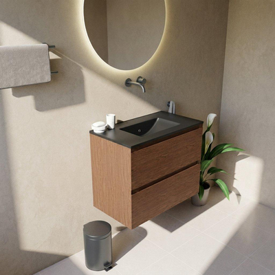 Saniclass Holz Pure Ensemble meuble de salle de bains - 80x45x62cm - Vasque Vygo en céramique noire - 1 vasque - sans trou de robinetterie - 2 tiroirs - walnut pure mat (bois)