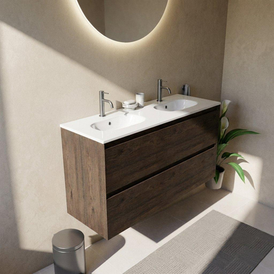 Saniclass Holz Pure Ensemble de meubles de salle de bains - 120x45x74cm - lavabo Chaci en céramique blanc - 2 vasques - 2 trous de robinetterie - 4 tiroirs - chêne charcoal mat (bois)