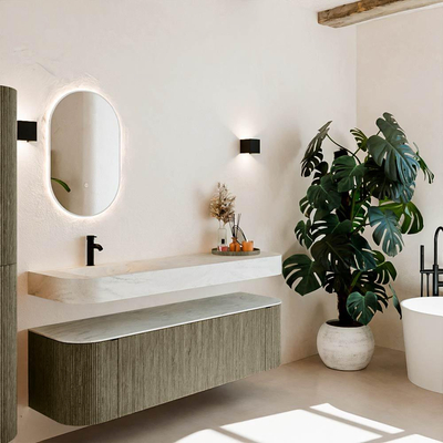 MONDIAZ THOR-DLUX 160cm meuble de salle de bains arrondi gauche + droite couleur Shadow avec 1 tiroir et 2 portes. Vasque suspendue CLOUD Gauche 1 trou de robinet couleur Opalo.