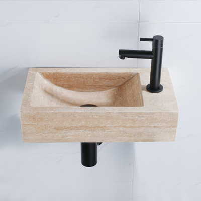 Saniclass Fuente Ensemble de fontaine - 40x22x10cm - trou de robinet à droite - robinet de fontaine noir mat - bouchon de vidange - siphon abaissé - pierre naturelle mouchetée