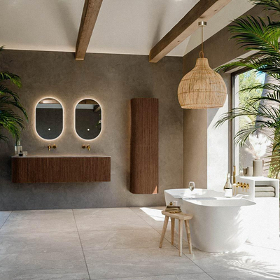 MONDIAZ KURVE-DLUX meuble de salle de bains 155cm arrondi gauche couleur noyer avec 2 tiroirs et 1 porte. Lavabo LEAF double / droit sans trou de robinetterie Oza.