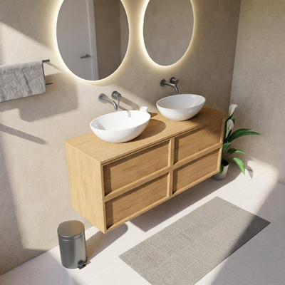 Saniclass Holz Frame Ensemble meuble de salle de bains - 140x45x62cm - plan de toilette en bois - sans trou de robinet - 4 tiroirs - chêne natural mat (bois)