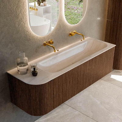 MONDIAZ KURVE-DLUX 145cm badmeubel ronding Links kleur Walnut met 1 lade en 1 deur. Wastafel BIG LARGE Rechts zonder kraangat Meli.